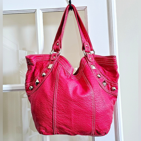 Marc Ecko Red Studded Vegan Leather Hobo Purse 90s Retro Glam Style HandBag Tote - Picture 1 of 7